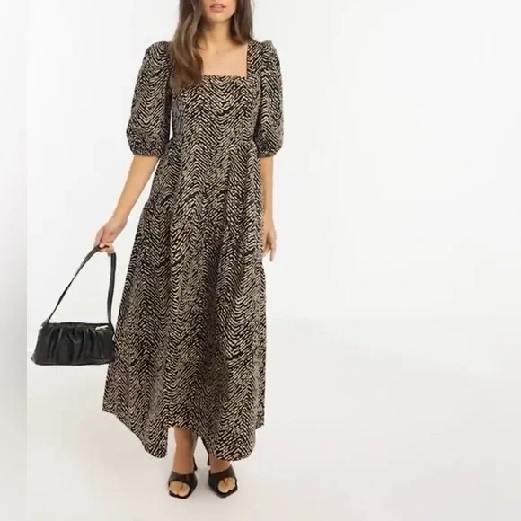 ♦️SOLD♦️ Mango Puff Sleeve Midi Dress Abstract Animal Print Black & Tan Size 10 - Picture 2 of 13